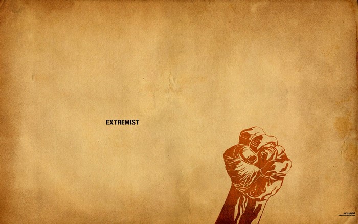 Extremist text with a raised fist illustration