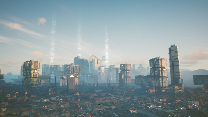 Cyberpunk 2077 skyline with futuristic towers