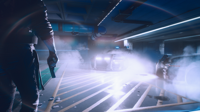 Cyberpunk 2077 character with gun in foggy garage