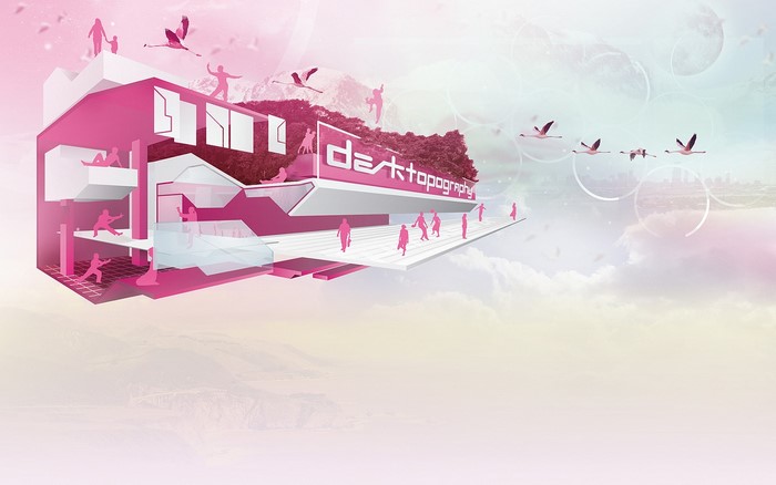 Desktopography architectural illustration with flamingos and people