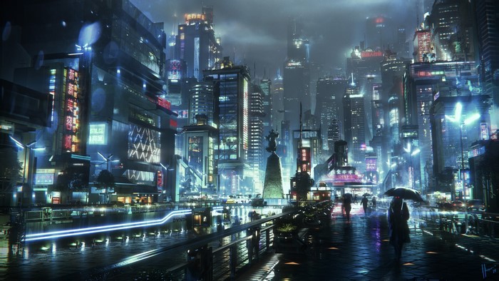 Cyberpunk city with neon lights and rain