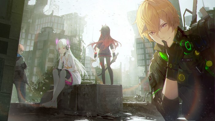 Characters from Punishing: Gray Raven in a ruined city