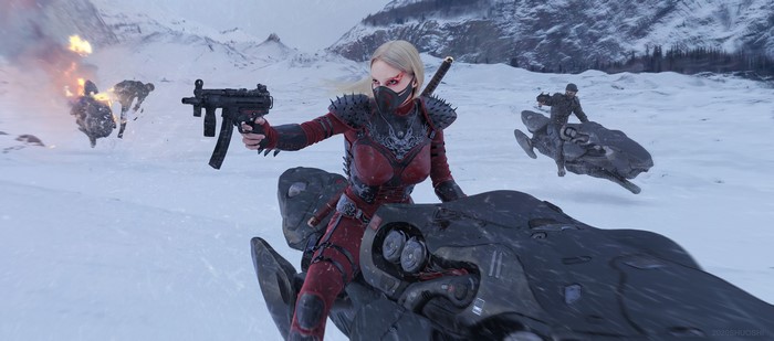 Woman in red armor firing a machine gun on a snow-covered battlefield