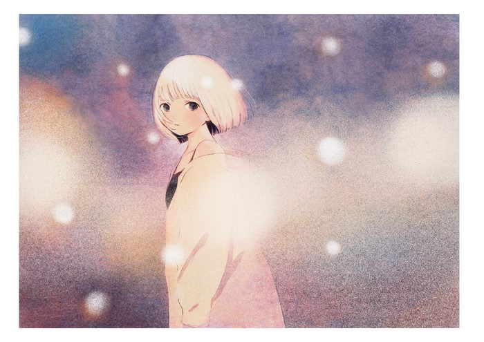 Anime girl with short blonde hair and dark eyes