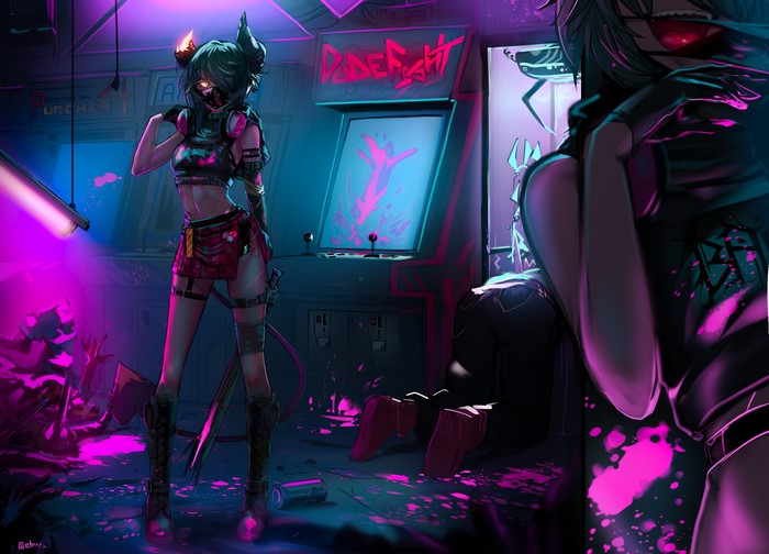 Anime girl with mask and demon horns in arcade