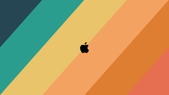 Apple logo on a colorful striped background