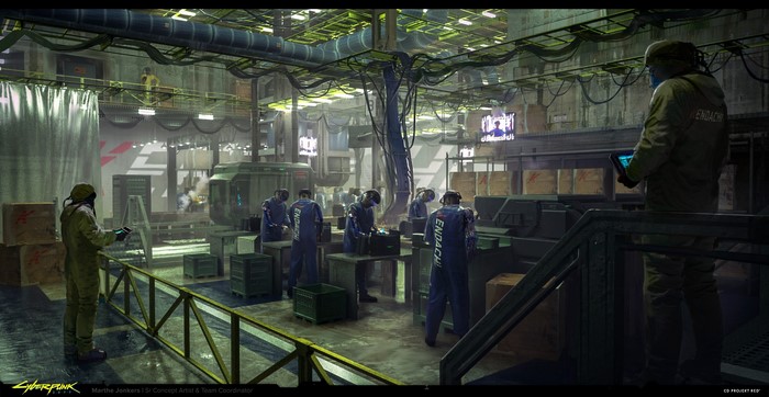 Cyberpunk 2077 concept art of a factory interior