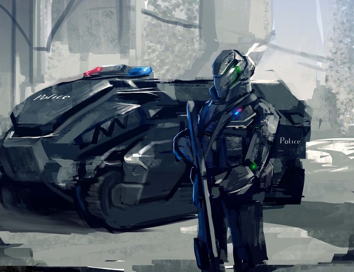 Sci-fi police officer and armored vehicle