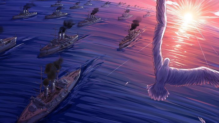 Fleet of battleships sailing at sunset with a bird flying