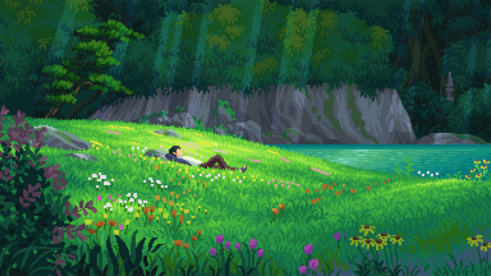 Anime couple relaxing in a flower field by the water
