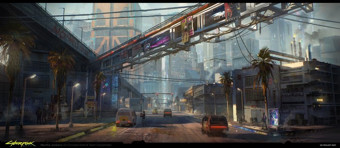 Cyberpunk 2077 concept art of a futuristic city street
