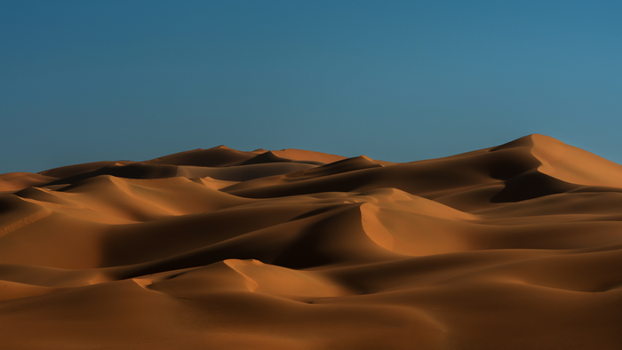 Desert sand dunes under a clear blue sky
