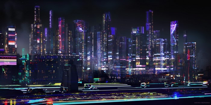 Futuristic cityscape with glowing lights by Ianika Morano