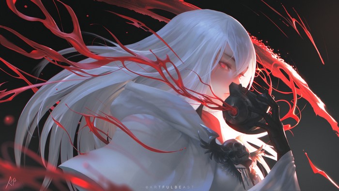 Anime girl with white hair and red eyes