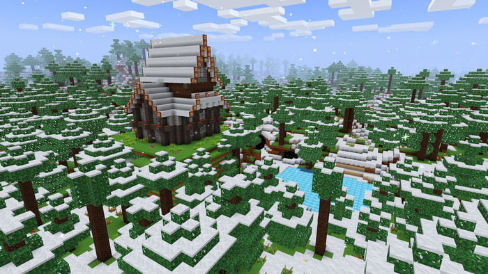 Minecraft snowy forest with a wooden house