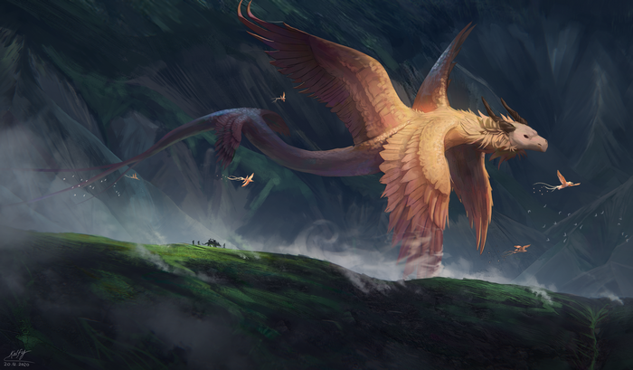 Fantasy art of a large dragon flying over mountains
