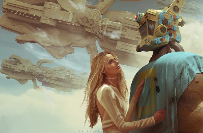 Woman and robot with spaceships in the sky