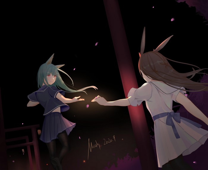 Two anime girls with bunny ears reaching for each other