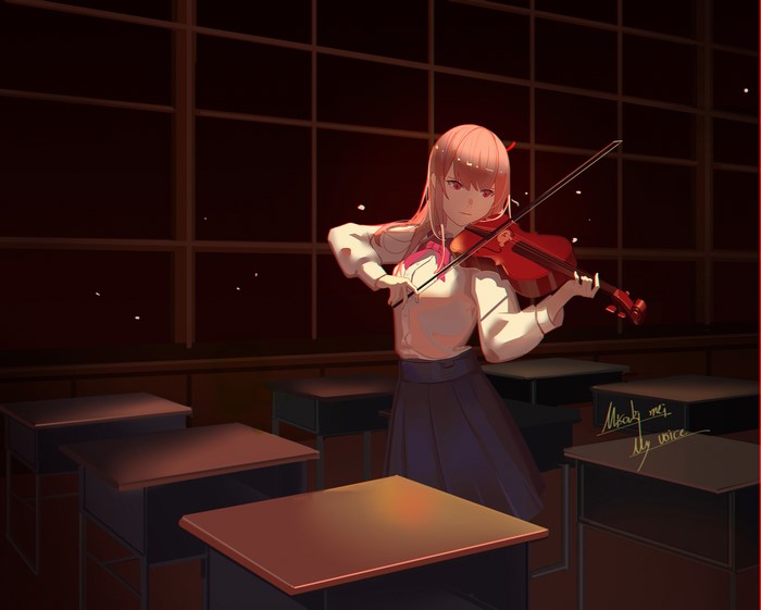 Anime girl playing violin in classroom