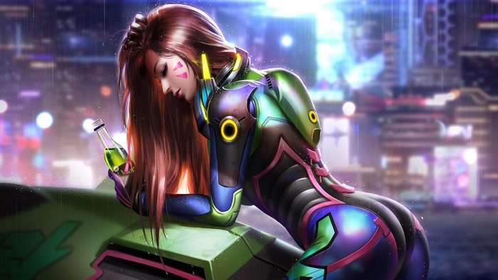 D.Va from Overwatch holding a drink