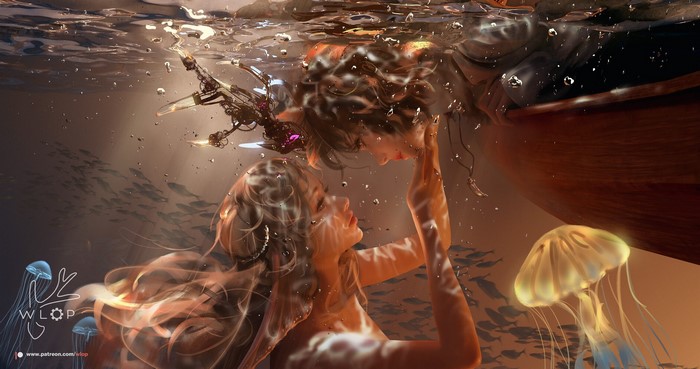 Two women underwater with jellyfish and fish