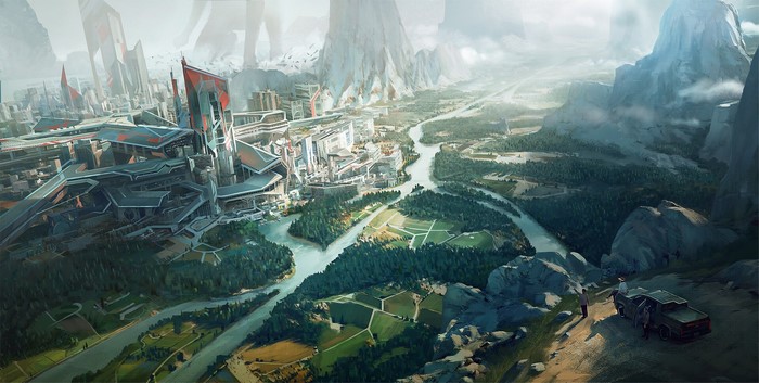 Futuristic city with mountains and a river