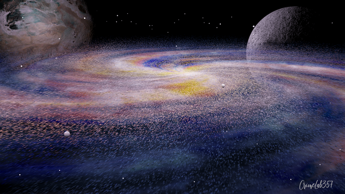 Digital art of a spiral galaxy with planets