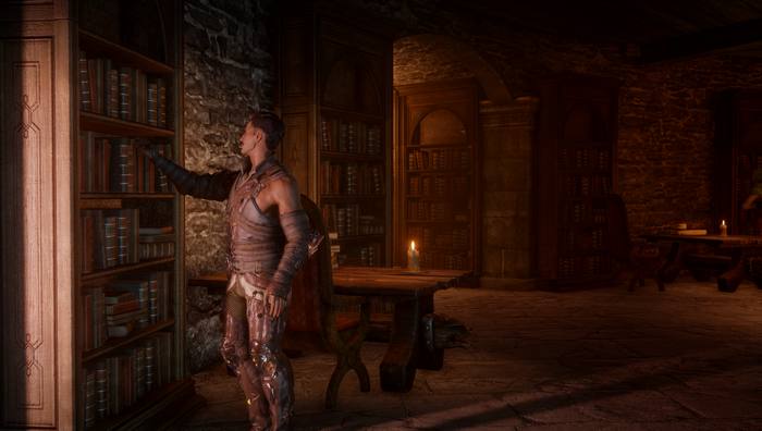 Dorian Pavus from Dragon Age Inquisition in a library