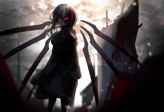 Anime girl with red eyes and dark wings