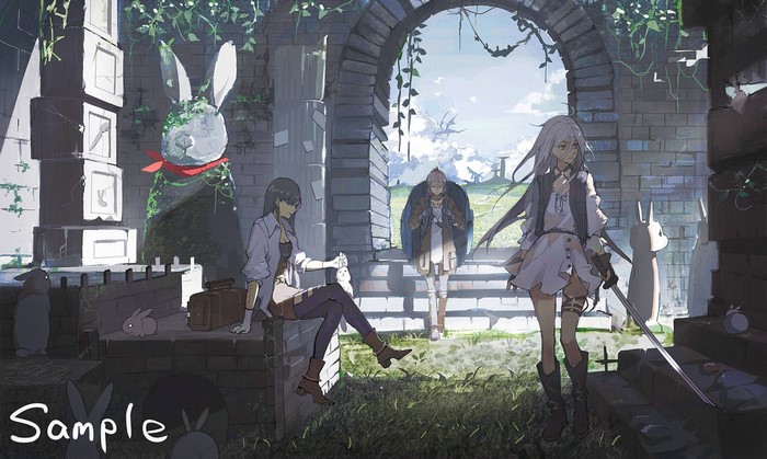 Anime girls and rabbits in ancient ruins