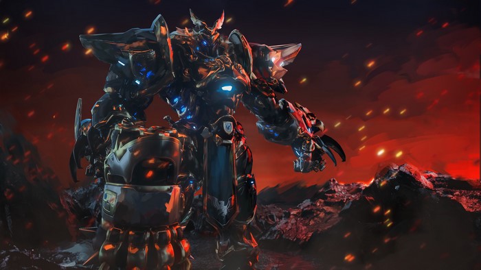 Reinhardt from Overwatch in a fiery landscape