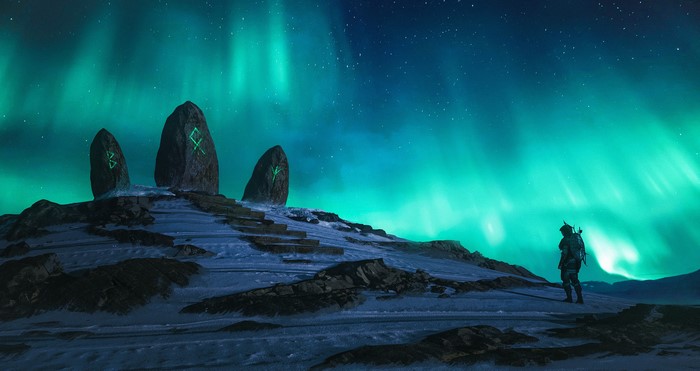 Man standing before ancient runes under the aurora borealis