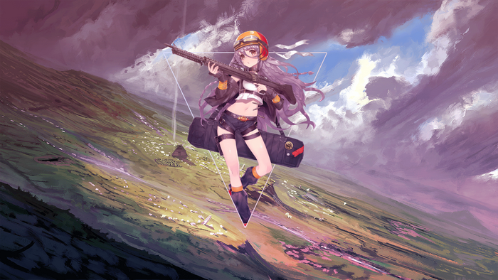 Anime girl with rifle and bag in landscape