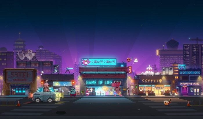 Pixel art city street at night with fictional characters