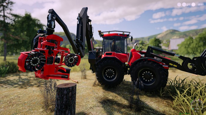 Red forestry tractor with harvester attachment and log