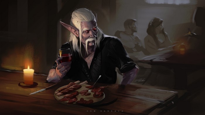 Elf with white hair drinking wine in a tavern