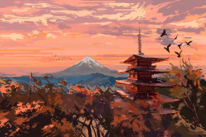 Digital painting of a Japanese landscape with Mount Fuji and a pagoda