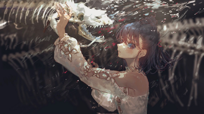 Girl examining a dinosaur skeleton