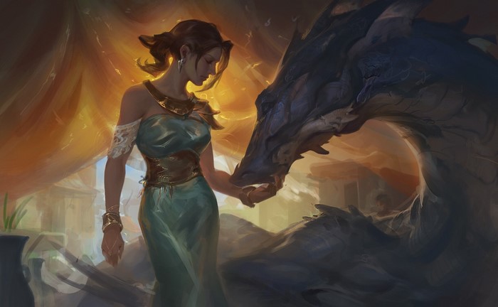 Woman in a dress interacting with a dragon