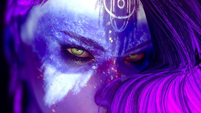 Close-up of a woman with blue and white face paint and purple hair