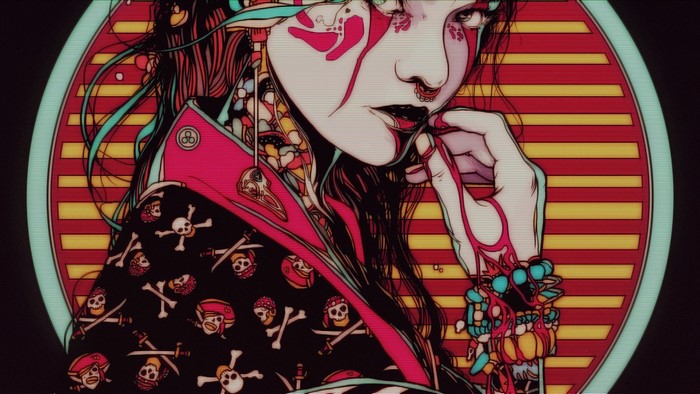 Woman with skull pattern clothing and blood