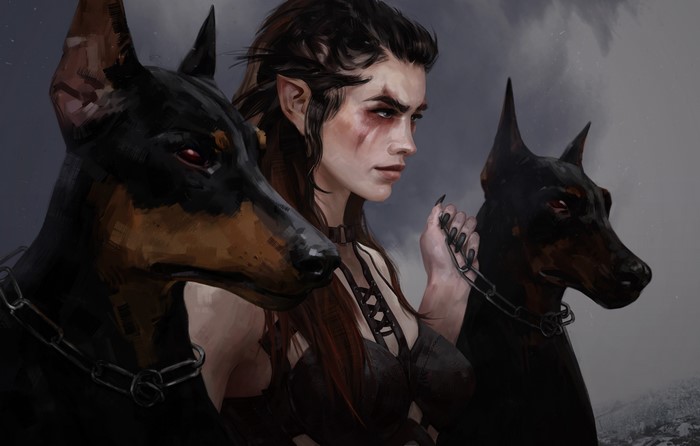 Woman with pointed ears and two Dobermans