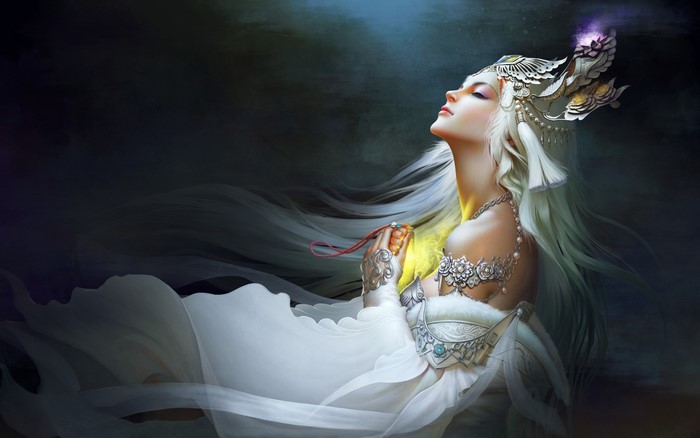 Fantasy art of a woman with white hair and jewels