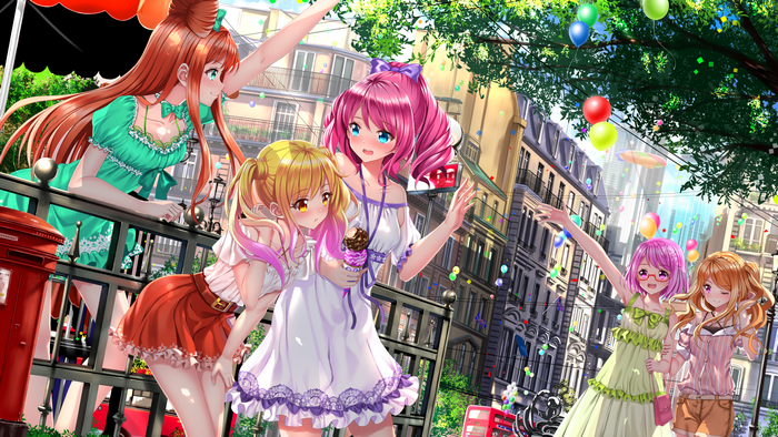 Anime girls in colorful outfits celebrating on a street