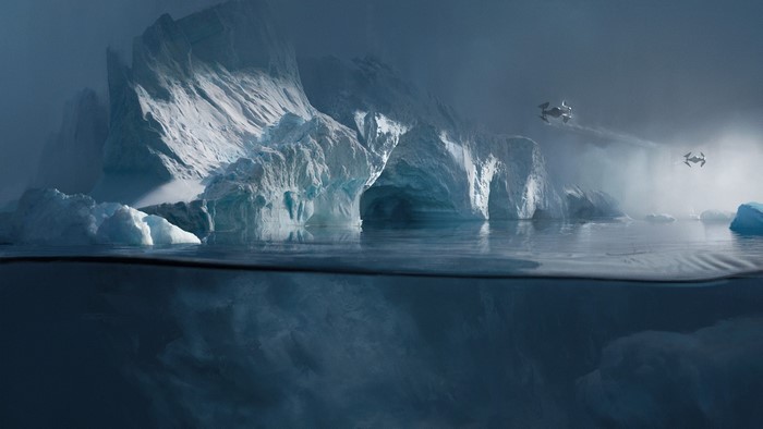 Star Wars Ships flying near icebergs in water