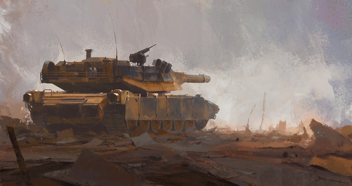 Artwork of a military tank in a desolate landscape