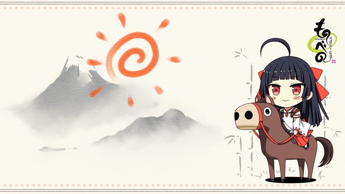 Chibi girl with red eyes riding a horse, Monobeno