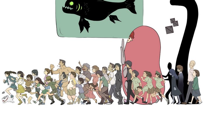 People running from a giant fish in Dennou Coil