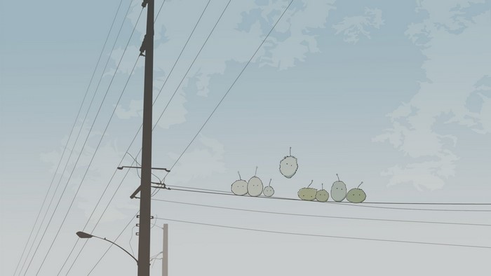 Characters from Dennou Coil on a utility pole