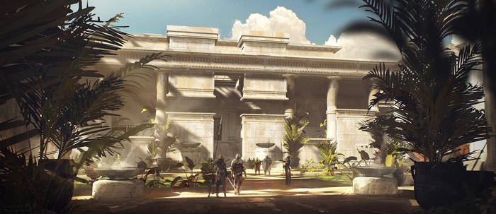 Fantasy art of ancient building with people